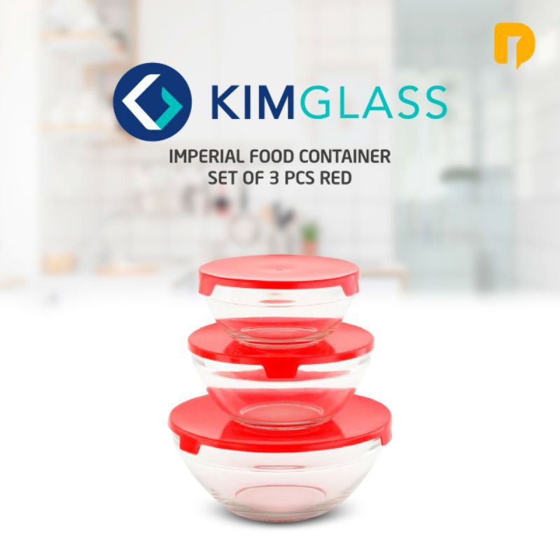 Kimglass Imperial Food Container set of 3 Pcs Red - Mangkok Kaca