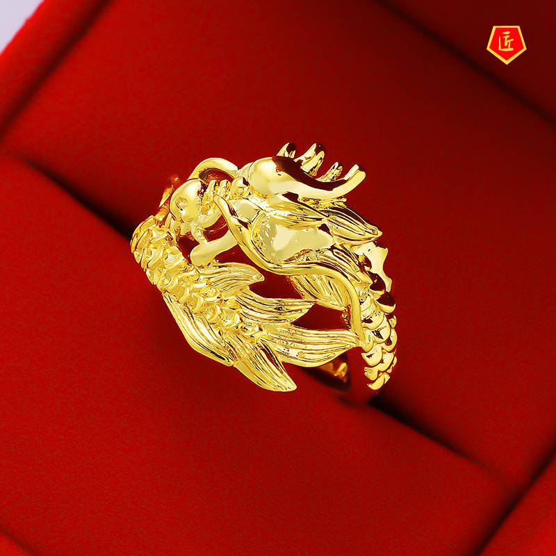 [Ready Stock]3D Golden Dragon and Phoenix Couple Ring Refined Grace