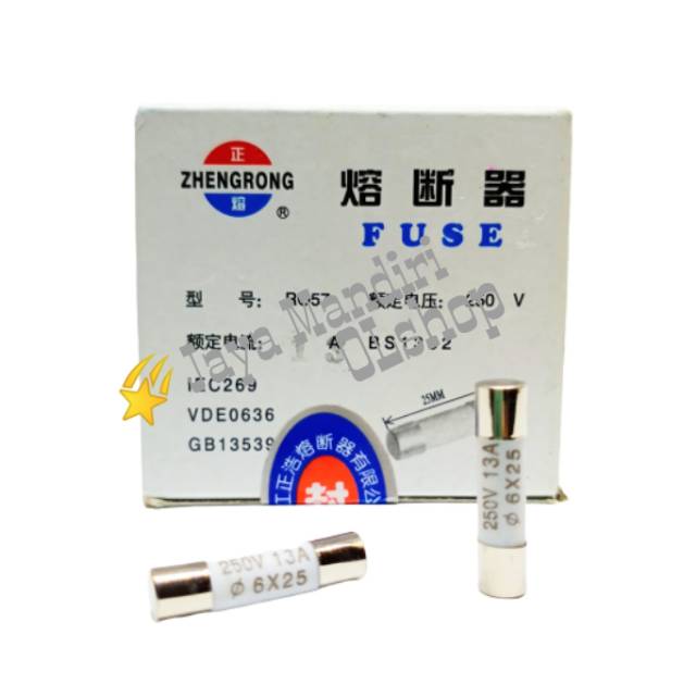 Sekering AC Fuse Keramik 13A  6×25mm  Sekring Ceramik 250V Sikring ( 1kotak = 100pcs )