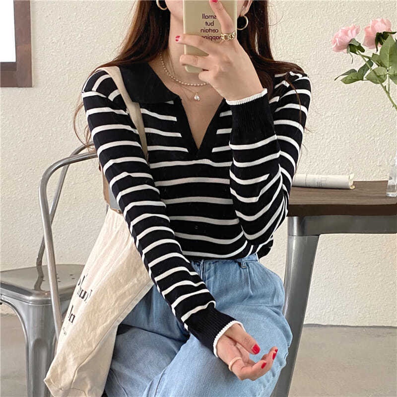 YIU YIU Rajut - Polo Shirt Rajut Premium Stripe Crop Top Lengan Panjang Wanita Korea