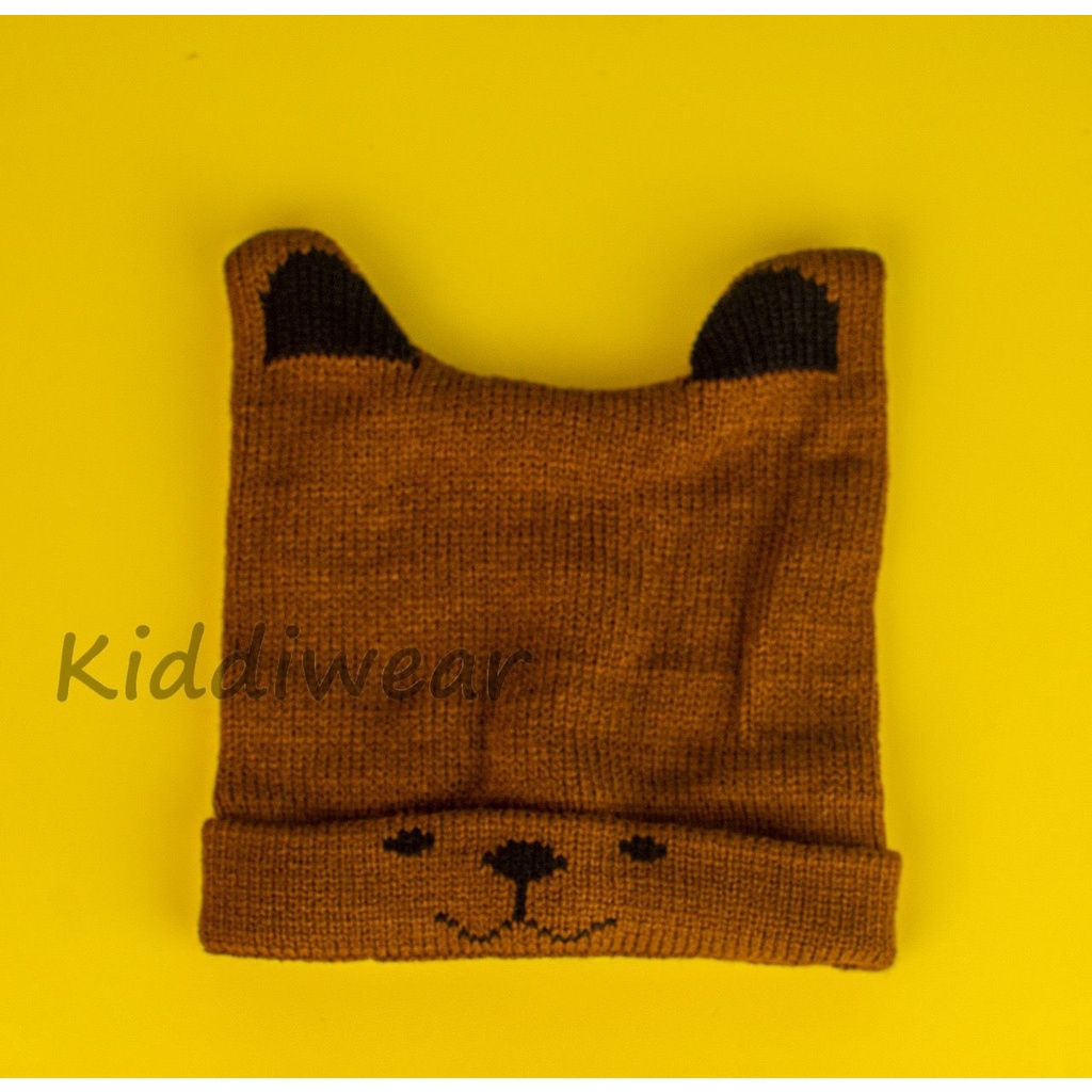 (Kiddiwear) TOPI RAJUT ANAK 1-3 tahun laki -laki dan perempuan Kupluk Motif Anjing TP2-coffe