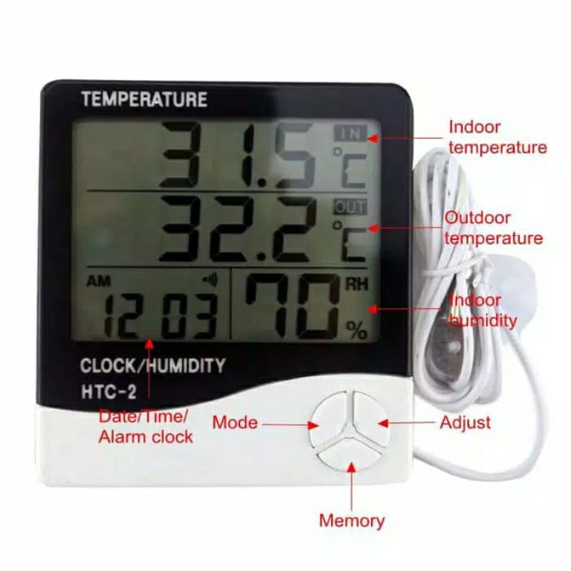 thermometer HTC-2 - 3 Row display thermometer, hygrometer &amp; clock