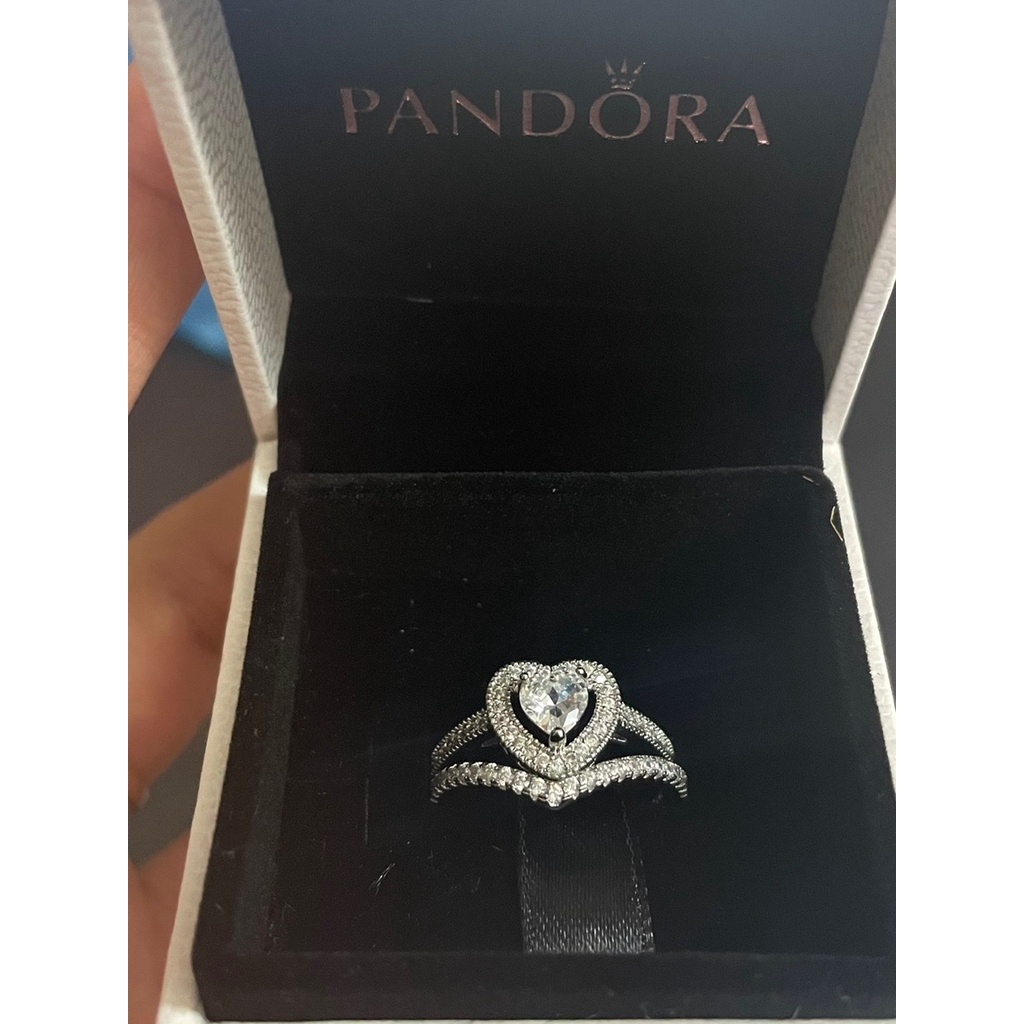 PANDORA 2pcs / Set Cincin 925 Silver Desain Hati Hias Kristal Kubik Zirkonia Untuk Pernikahan