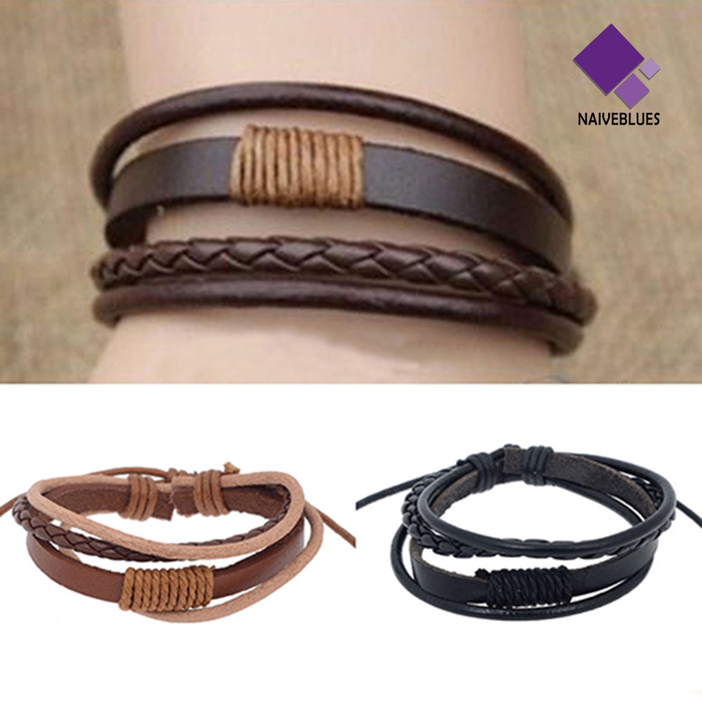 Naiveblue &gt; Gelang Tangan Kulit Imitasi 4 Layer Untuk Unisex / Pria / Wanita