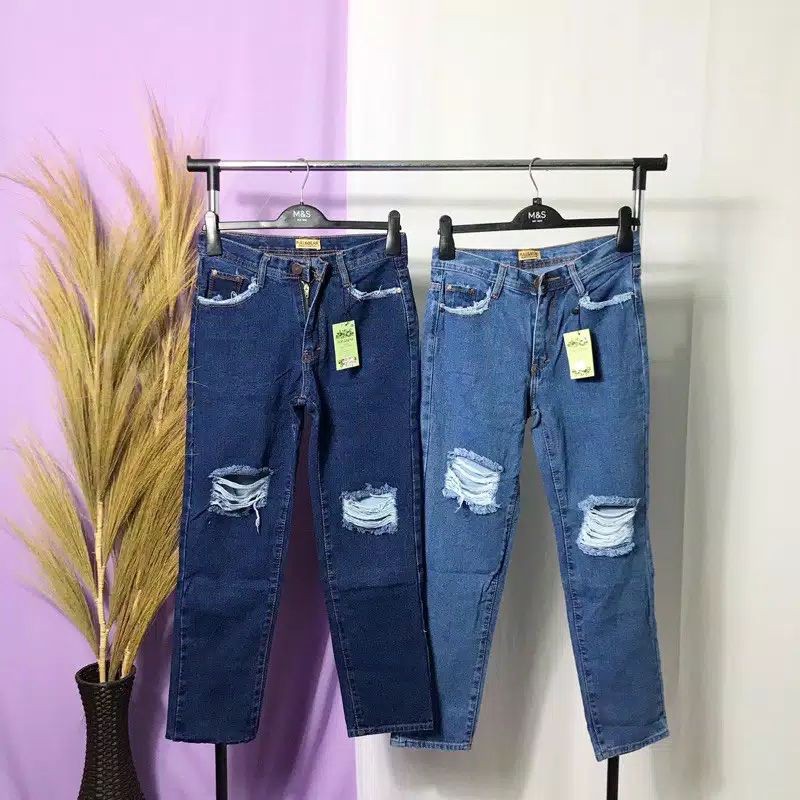 Celana Boyfriend Jeans Sobek Ripped Wanita Lapis puring Standar