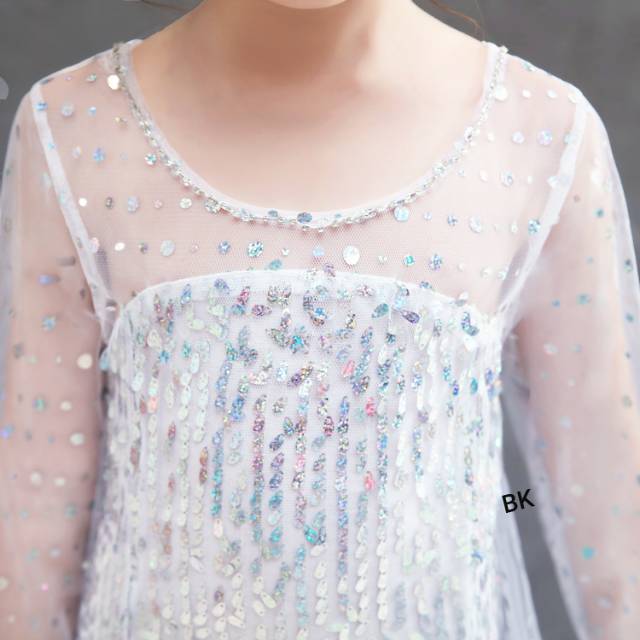 DRESS FROZEN 2 ELSA LENGAN PANJANG BLINK SEQUIN PUTIH / GAUN PRINCESS ANAK / DRES PESTA / LONG DRESS