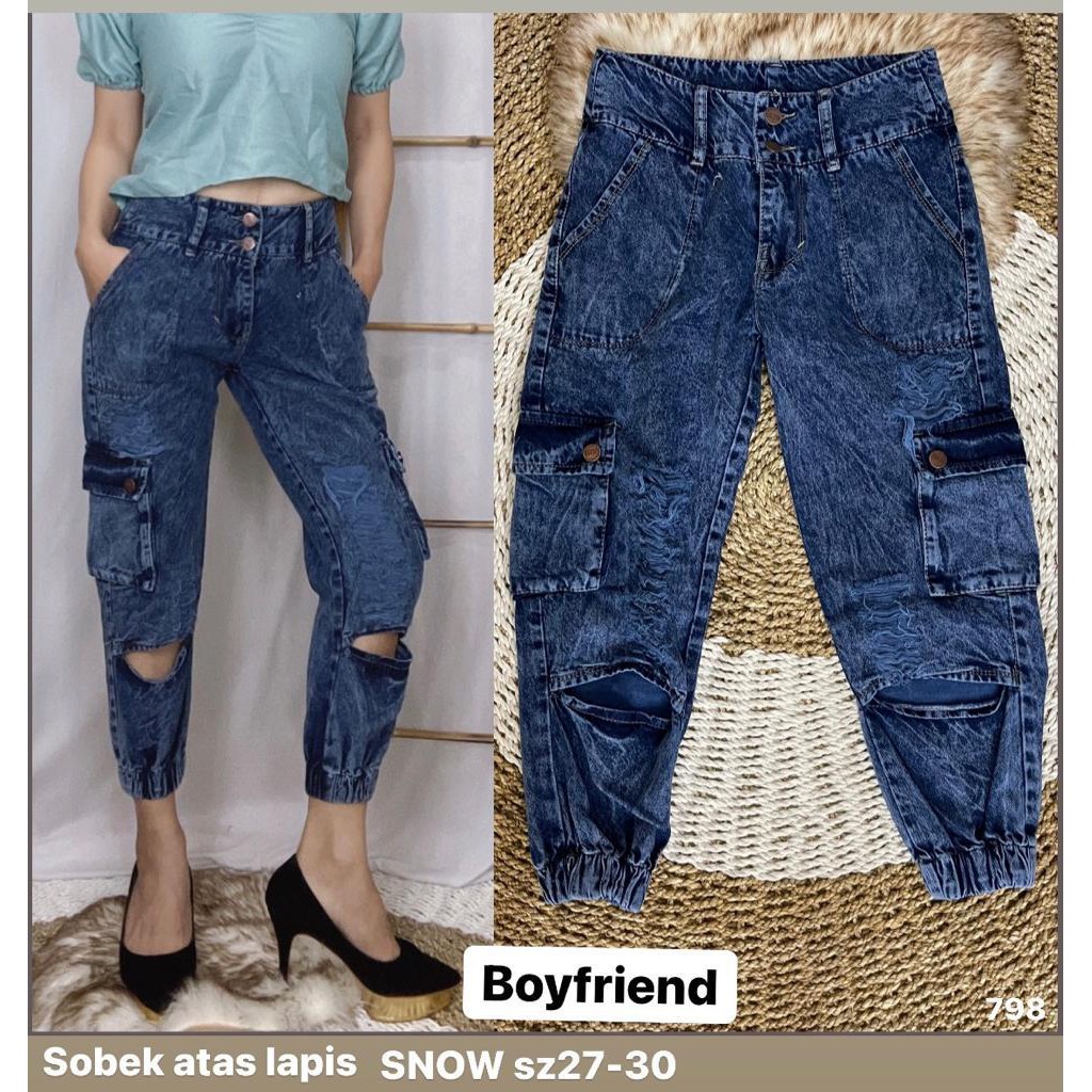 Celana Jeans Wanita Boysfriend Jogger Sobek 27-30 Bisa Bayar Ditempat(COD)