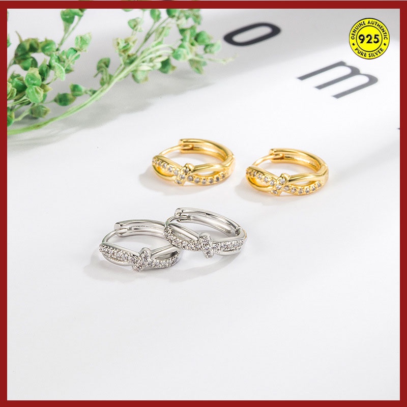 Anting Tusuk Gantung Sterling Silver Desain Simpul Silang Hias Berlian Imitasi Gaya Simple Untuk Wanita