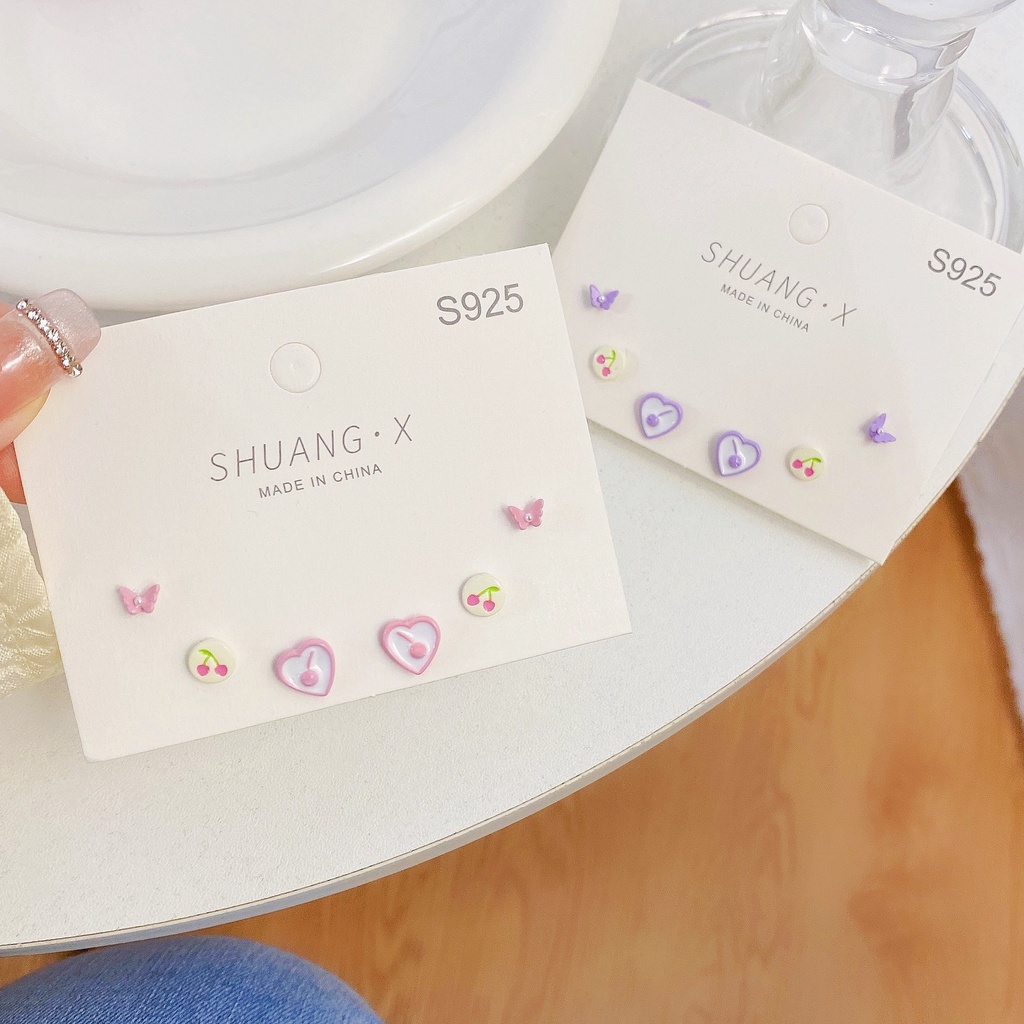 Anting S925 Silver Bentuk Bunga Cherry Warna Permen Untuk Wanita