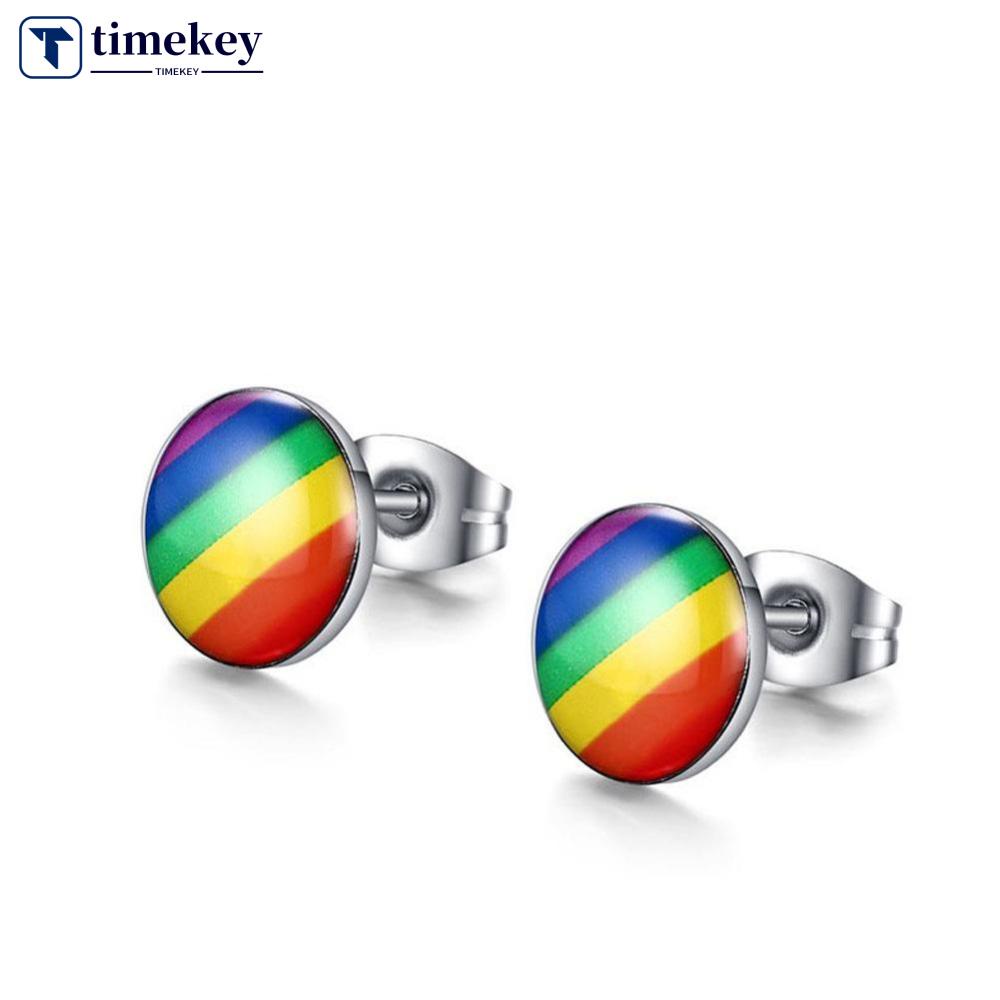 Timekey LGBT Anting Tusuk Stainless Steel Desain Pelangi Untuk Pria / Wanita A6K9