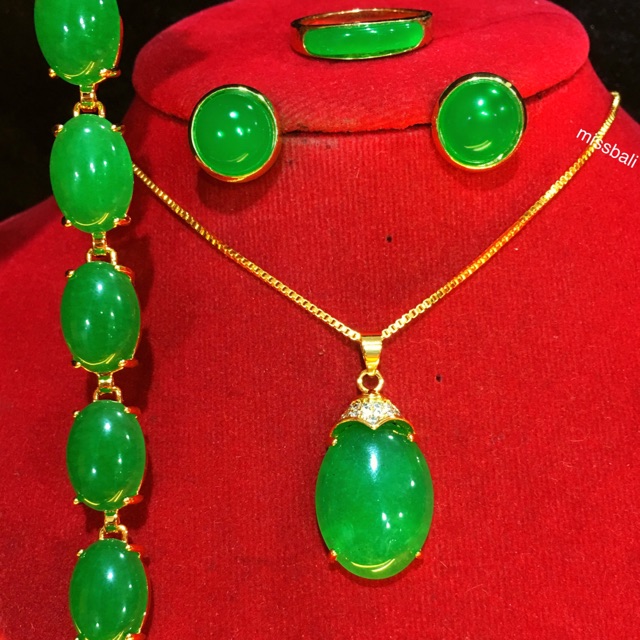 Set kalung giok hijau xuping  asli 24k,liontin lonjong  ,permata pakai batu giok hijau,No.8