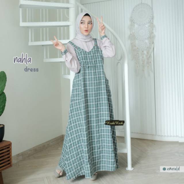 Gamis semi overall motif kotak bahan katun madina NAHLA DRESS ori by RISKIRICH