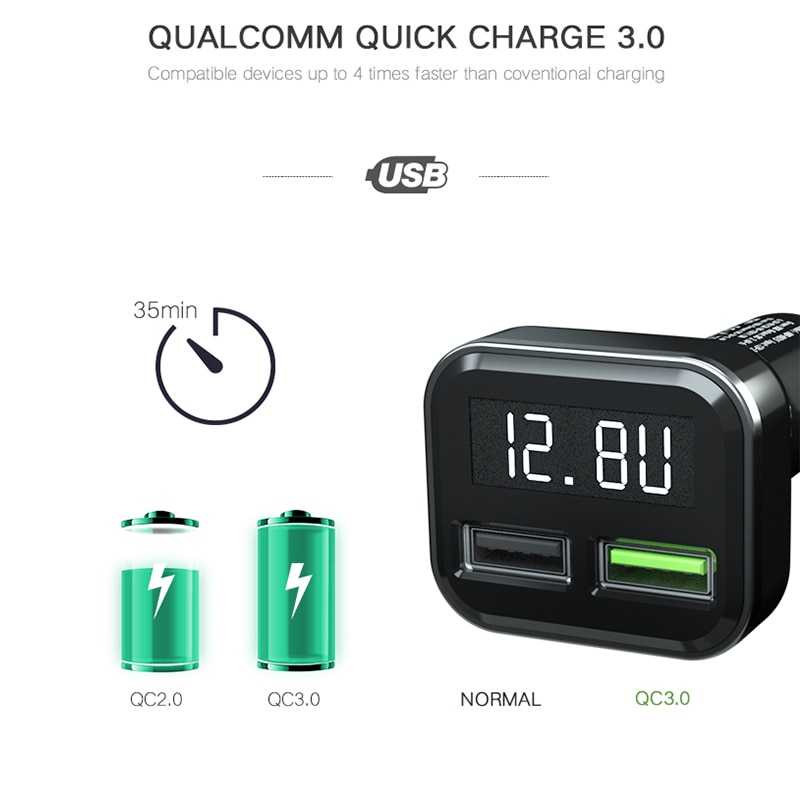 YPAY Car Charger Smartphone 2 Port 3.1A QC3.0 LCD Display - KMD-KN315-Hitam
