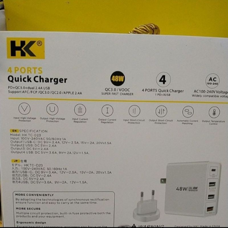 4 Prot 3 USB + PD 48W Super Quick Charge Fast Charging Charger Type-C PD3.0 QC3.0 + kabel c to c