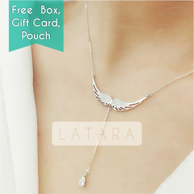 Kalung Wanita  925 Sterling Silver Necklaces Zircon Angel Wings Necklace Paket Lengkap Gift Kado Box