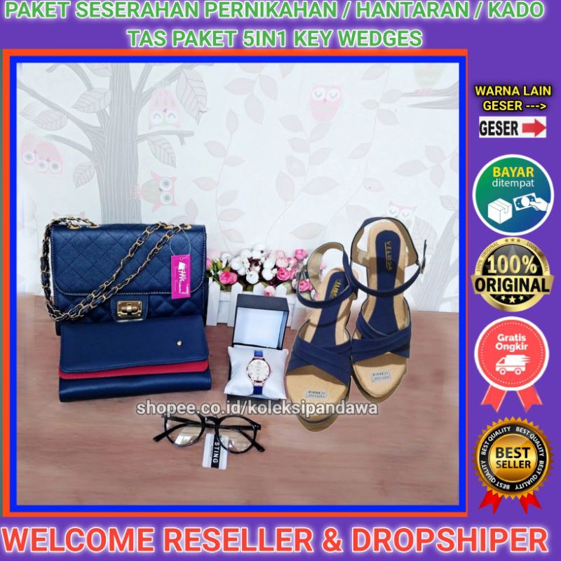 TAS PAKET SESERAHAN PERNIKAHAN JAM TANGAN SENDAL WEDGES DOMPET KACAMATA FASHION SANDAL WEDGES WANITA