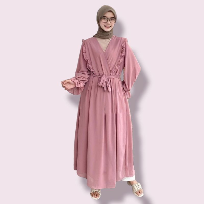 Eliza Long Outer Ruffle Ceruty Dress Gamis Outer Cardigan Casual Formal Remaja dewasa Murah Terbaru