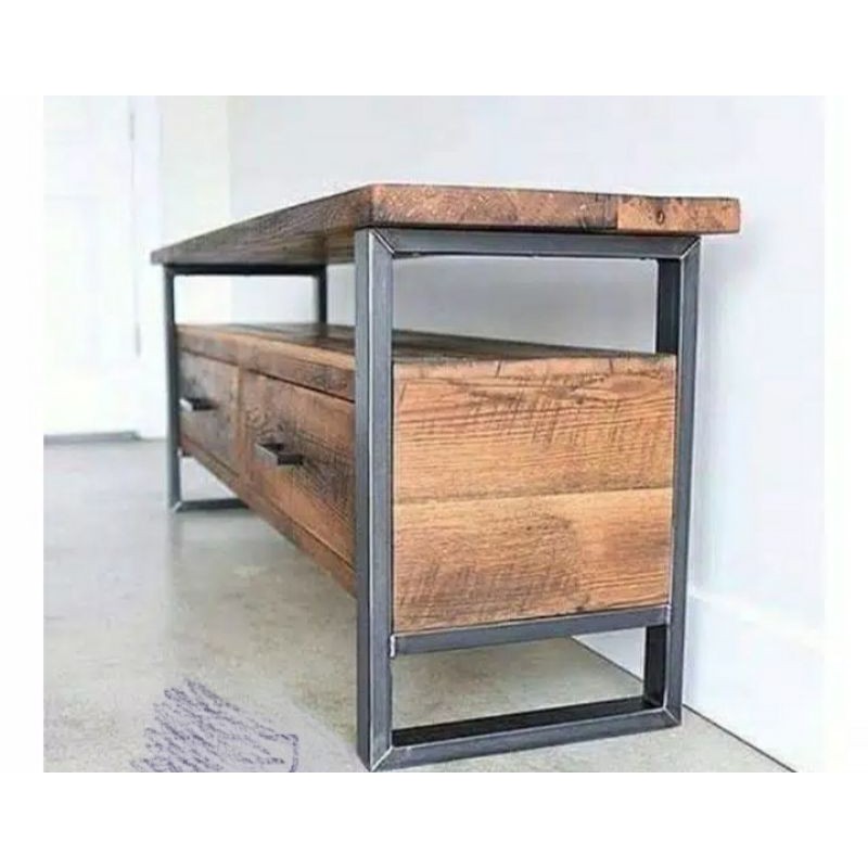 Meja tv industrial kayu jati kombinasi besi