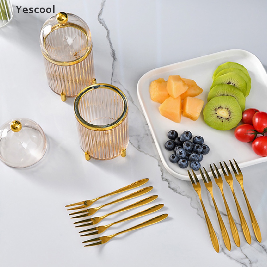 Yescool 10PCS Garpu Buahkuemakanan Penutup Bahan Stainless Steel Warna Gold Portabel Dengan Toples