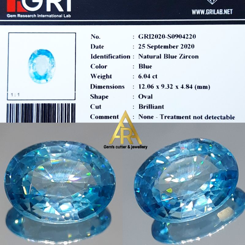 6.04 carat NATURAL BLUE ZIRCON certified GRI lab