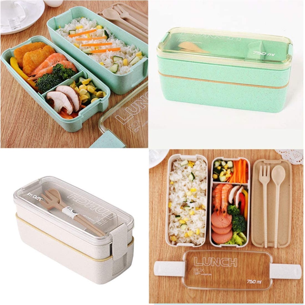 TEMPAT MAKAN 2 SUSUN SERAT JERAMI GANDUM 750 ML BPA FREE SENDOK GARPU / LUNCH BOX ENJOY FREE SENDOK SUMPIT