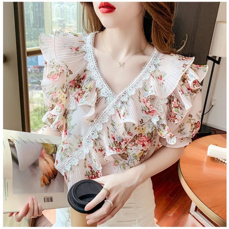 2455 Baju atasan kemeja blouse lengan pendek ruffle kerah vneck motif bunga Korean style wanita impo
