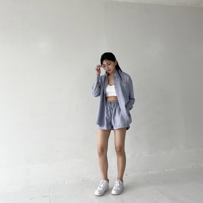 BLANC SET | Set Kemeja Wanita Panjang Setelan Celana Pendek Highwaist Short Oversized Korean Outer Shirt