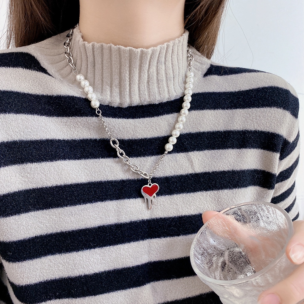 Gaya Korea niche desain Lava Merah cinta liontin kalung sweter in elegan mutiara sweater chain