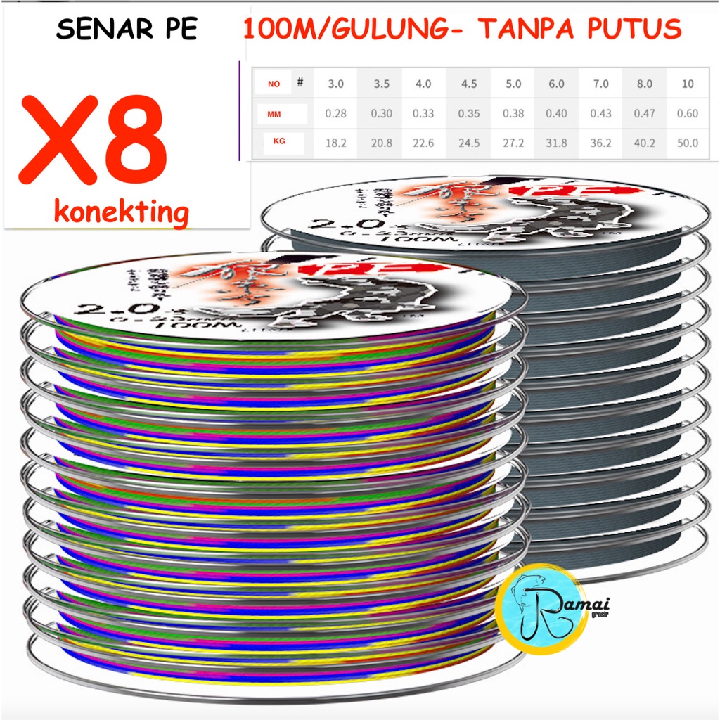 SENAR PE KONEKTING X4 HIJAU X8 WARNA-WARNI TANPA PUTUS 100M/GULUNG TANPA PUTUS CONNECTING KUAT 50 KG