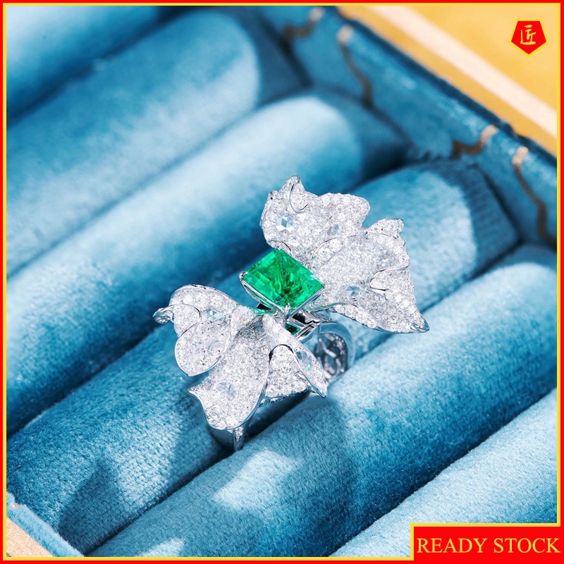 [Ready Stock]Luxury Fashion Micro Inlay Full Diamond Bow Emerald Ring