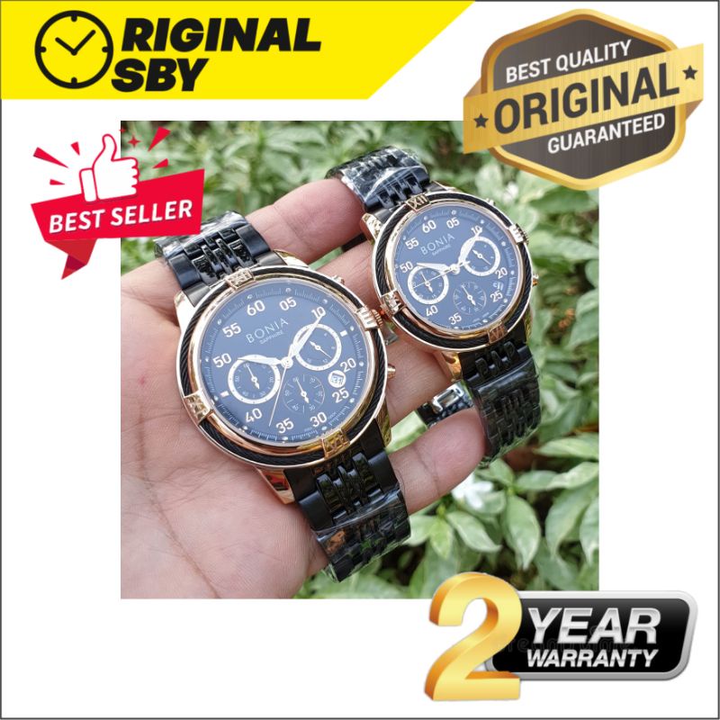 JAM TANGAN PRIA WANITA | RANTAI | KULIT | KARET | MURAH | BONIA 10534 COUPLE - ALL STEEL COMBI BLACK