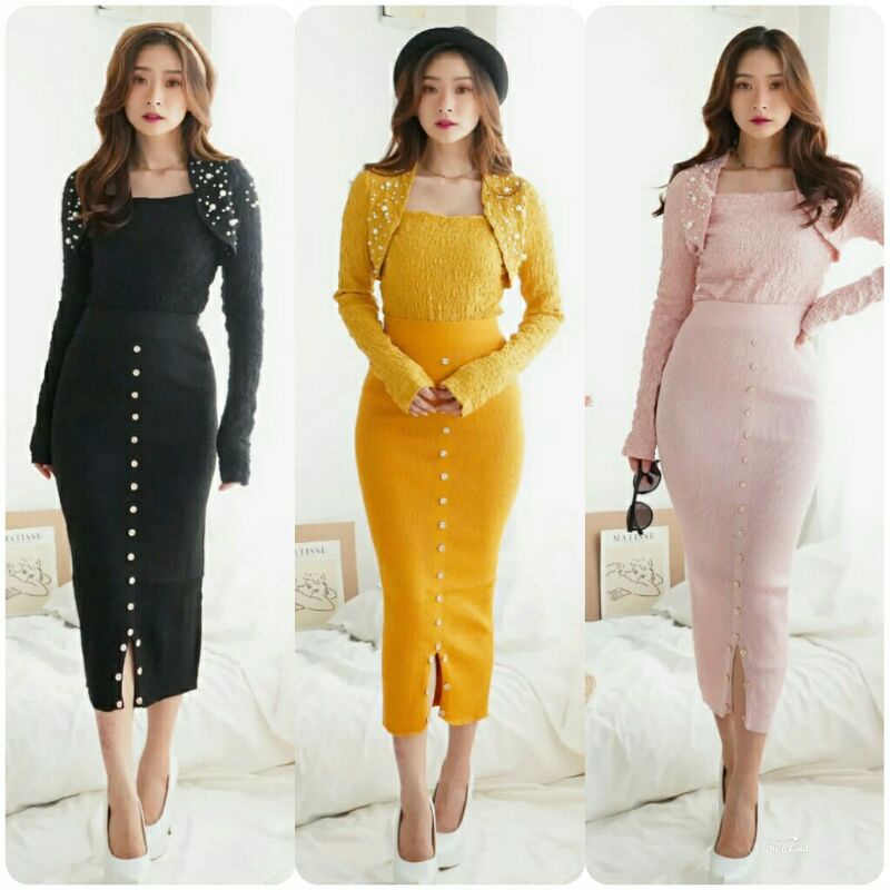 A1018 2in1 Setelan baju lengan panjang set rok span skirt rajut wanita import baju atasan set rok ke