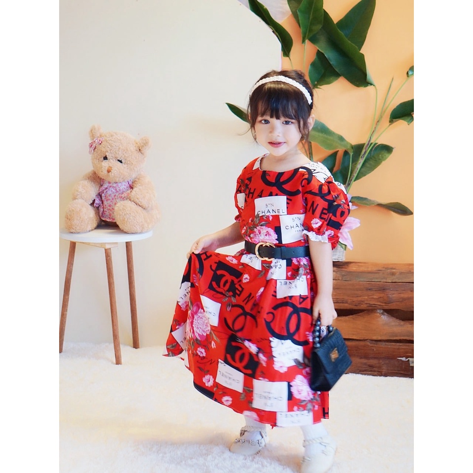 Promo !! Dress anak cewek import / dress flower much chanel uk 3-7th (Pink,Kuning,Navy,Dusty,Merah)