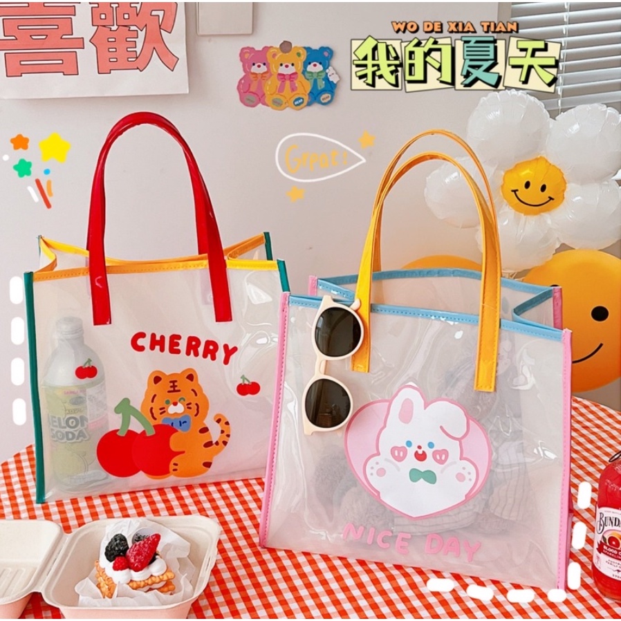 TOTEBAG KOREA MOTIF CUTE RABBIT AND BEAR / TOTEBAG LUCU GAYA KOREA / TOTEBAG ESTETIK / TAS LAPTOP / TAS DOKUMEN / TAS PIKNIK / TAS JINJING / TAS KULIAH / TAS ANTI AIR / TAS PVC / TOTEBAG WANITA / BELLE TOTEBAG