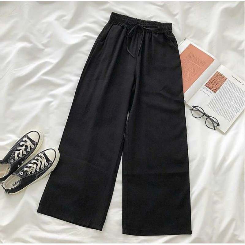 CELANA WANITA JUMBO - KULOT ARMANY PANTS LINEN PINGGANG KARET -  BAWAHAN WANITA KOREAN STYLE <-Black
