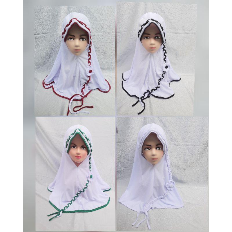 Jilbab Hijab Kerudung Kepang Anak Sekolah Warna Putih Merah Hitam Coklat Pramuka SD