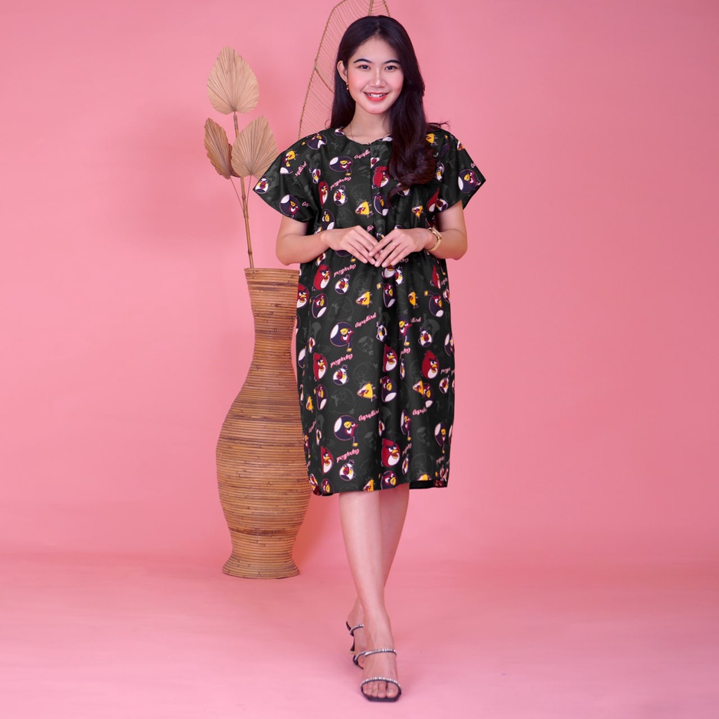 Daster JUMBO XXL Batik, Motif Acak / Campur, Leher Kancing Bumil Busui , Batik Warna-DJR Angry Bird Hitam