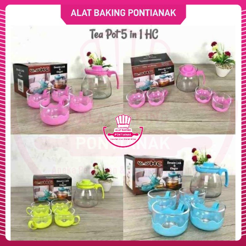 Tea Pot Set 5 In 1 HC Glass 5in1 Paket Teko Gelas Cangkir Tempat Minum Teapot Kaca set 5Pcs Pink, Bi