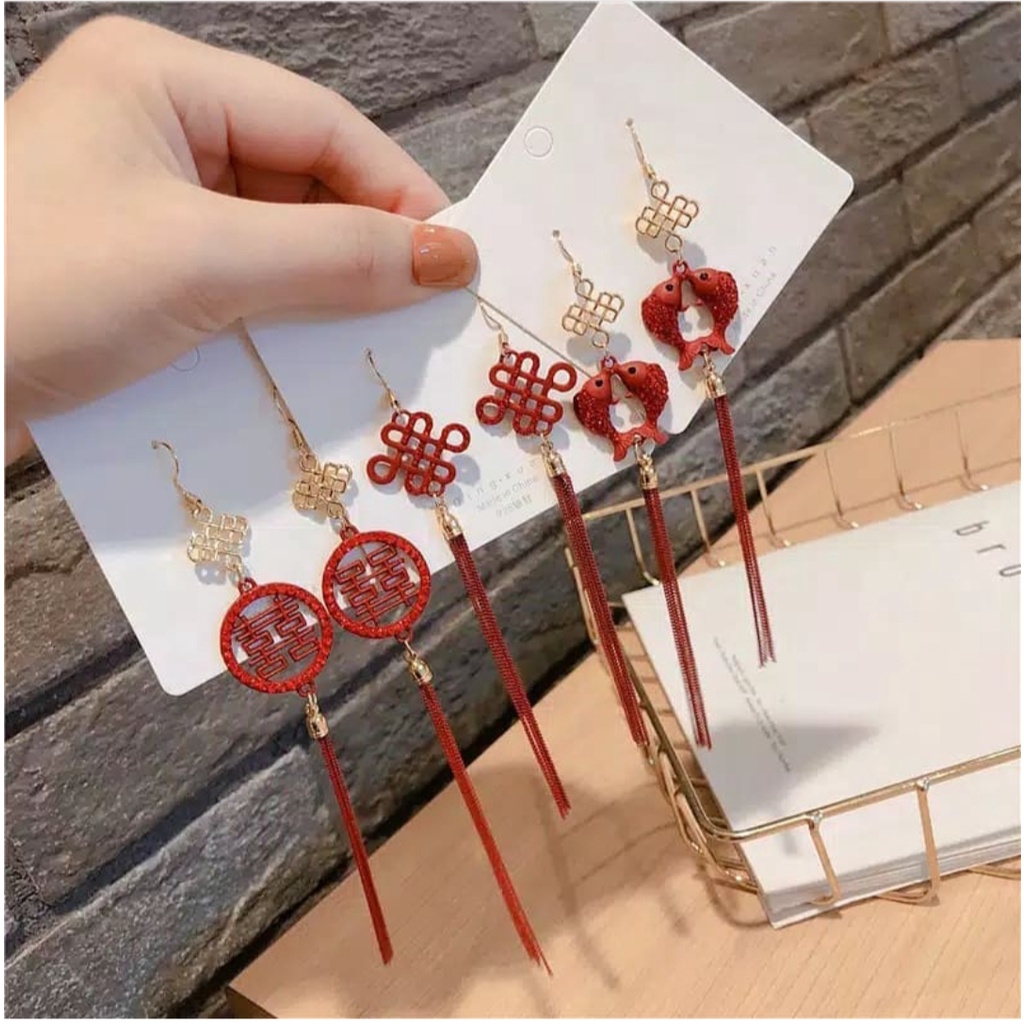 Anting motif simpul china / Anting Panjang warna merah / anting pesta / anting sangjit / Anting imle