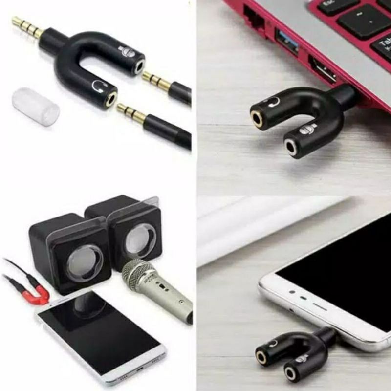 Spliter Audio Shape U 3.5mm ke Headphone &amp; Mic Jack AudioMale Ke Dual Female 2 in 1