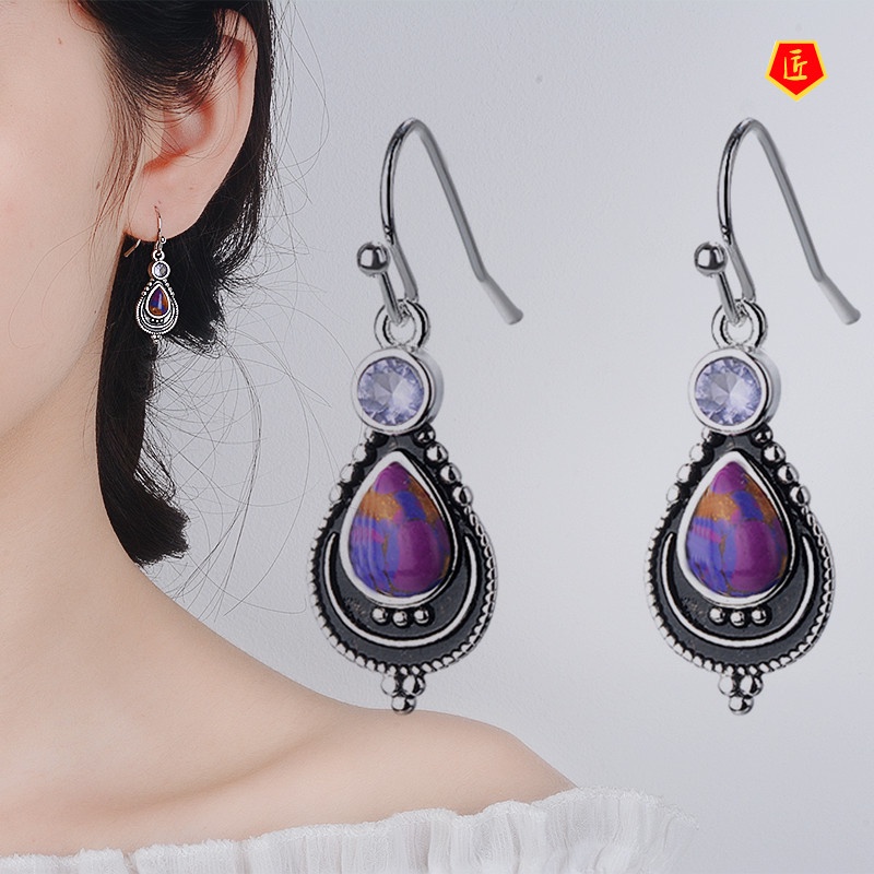 [Ready Stock]Vintage Silver Charoite Earrings Female Fashion Purple Turquoise