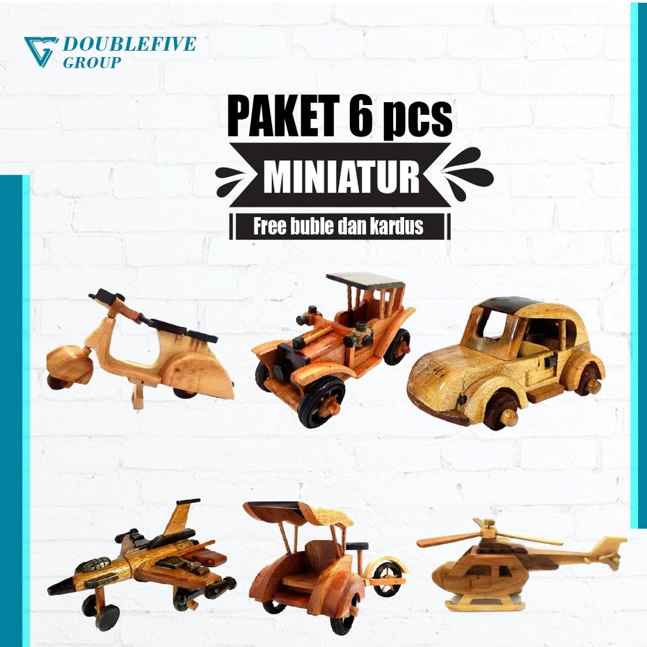 Miniature Paket D isi 6pcs - Miniatur dari kayu [Vespa, Otran, Becak, Helikopter,VW, Pesawat]