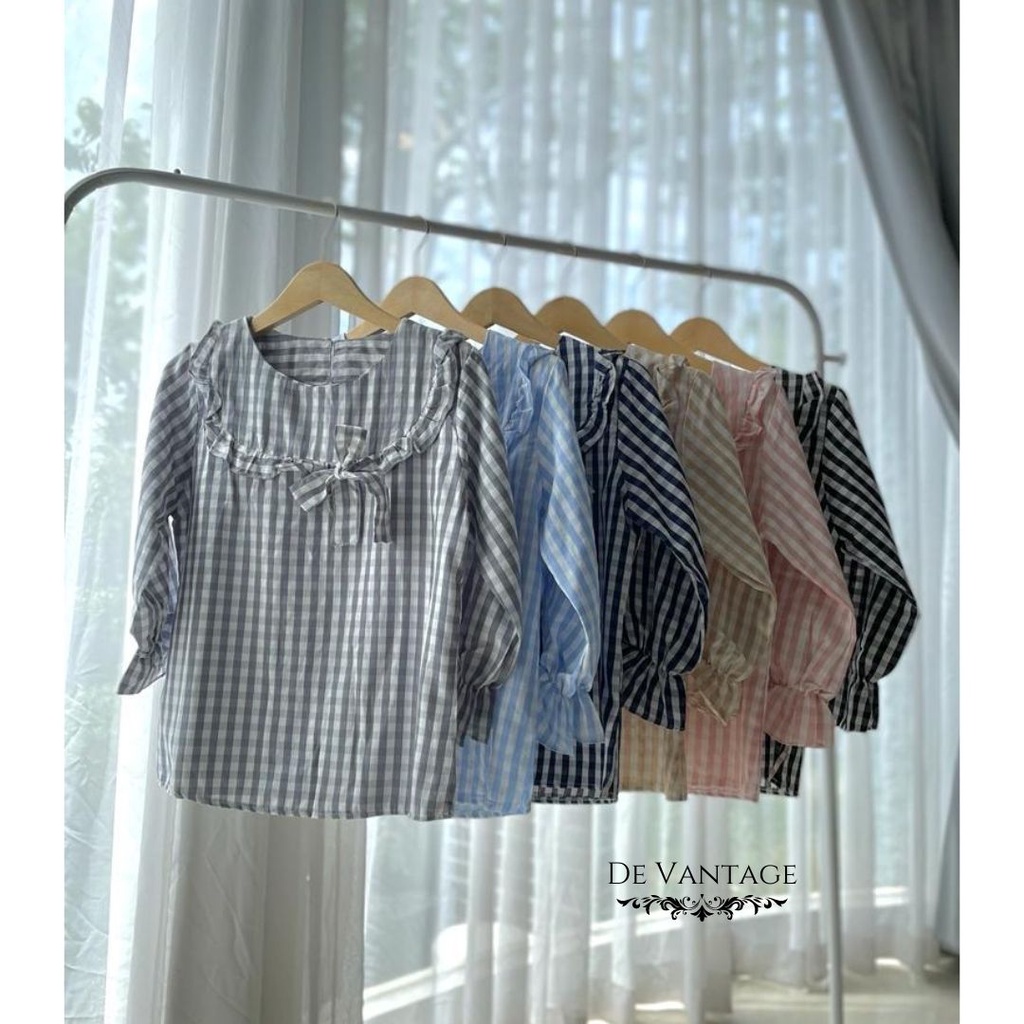 Blouse Renda Lengan Flare / Blouse Kotak Korea / Pastel Checkered Blouse