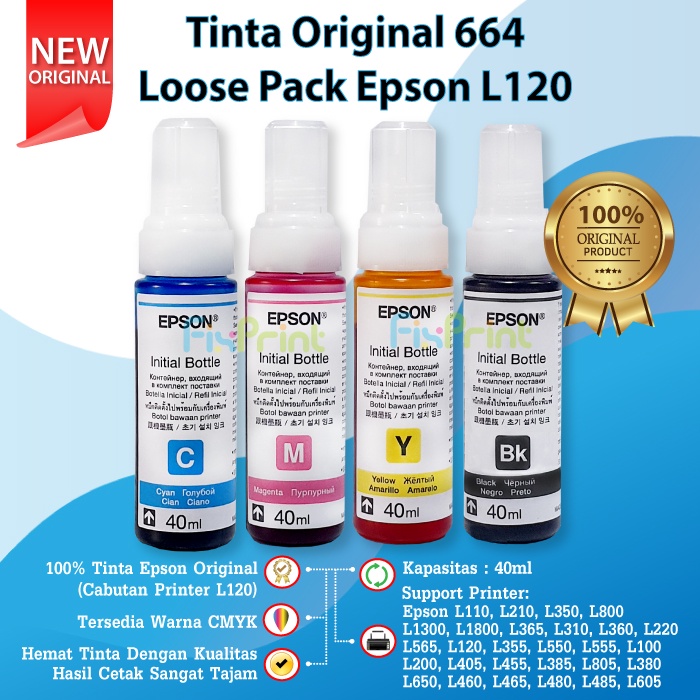 Tinta 664 40ml Loosepack Original Bawaan Printer Epson L121 L120 CMYK Varian Ink