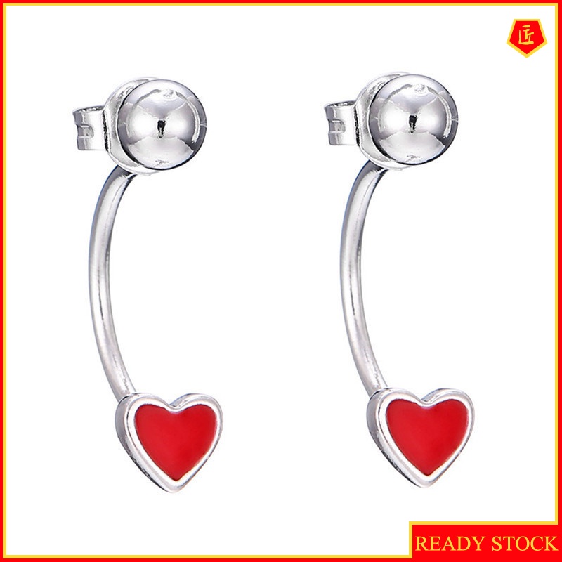 [Ready Stock]Mini Red Heart-Shaped Back-Mounted Stud Earrings Simple