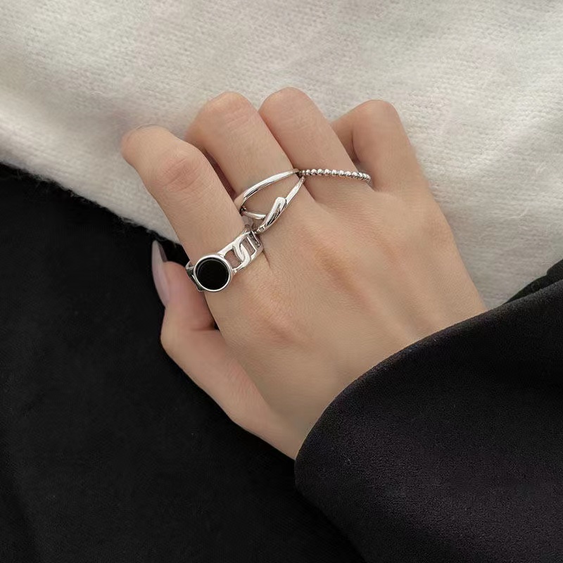 IFYOU 3pcs / Set Cincin Jari Warna Hitam Silver Gaya Retro Korea Untuk Wanita