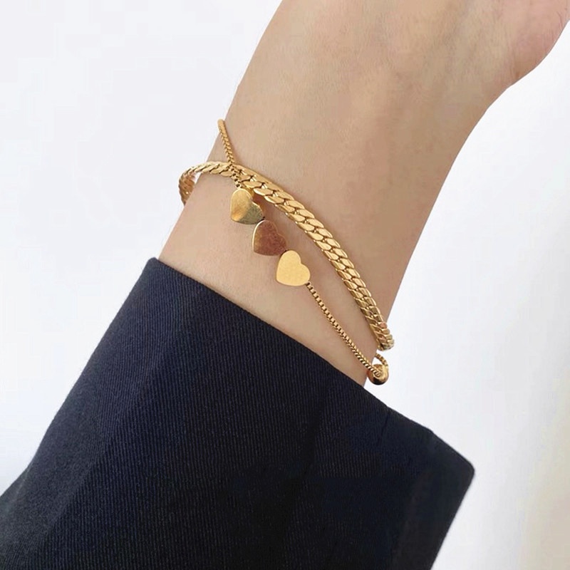 Gelang Titanium 2 Layer Hati Lapis Emas 18K Anti Karat Fashion Korea Aksesoris Wanita