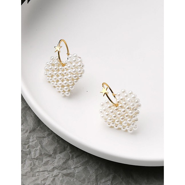 LRC Anting Tusuk Fashion Beige Star Hand-knitted Pearl Love Earrings D69575