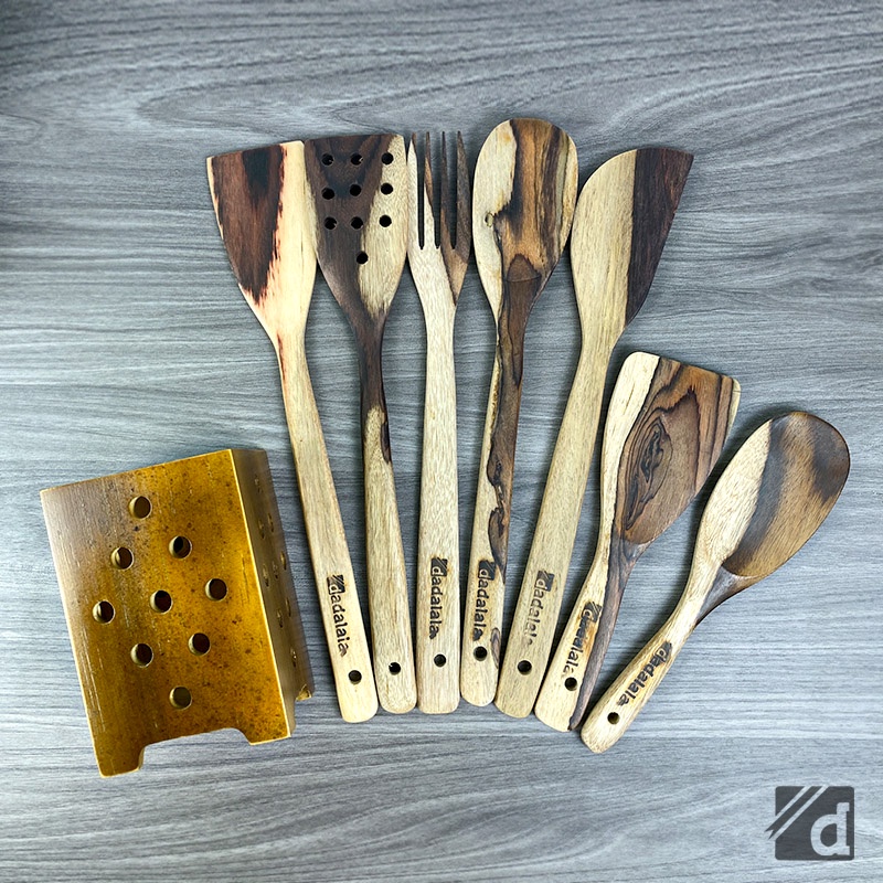 DADALALA Spatula Kayu 1 Set isi 7 Bahan Kayu Sonokeling + Wadah Serbaguna Premium