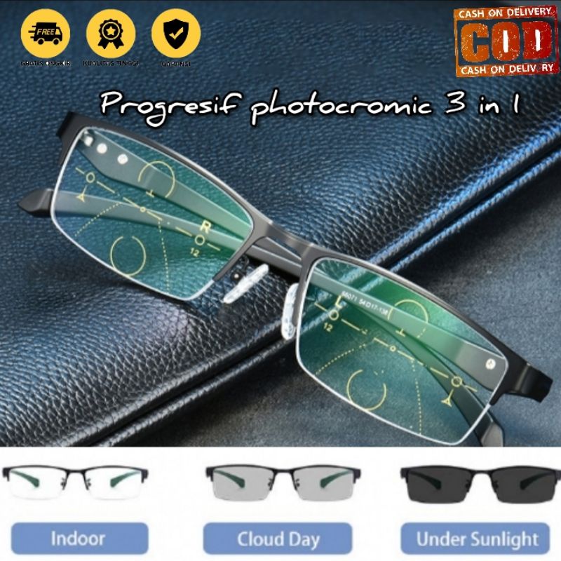 Kacamata progresive photocromic 3 in 1 bifocal / baca dan jalan / anti radiasi